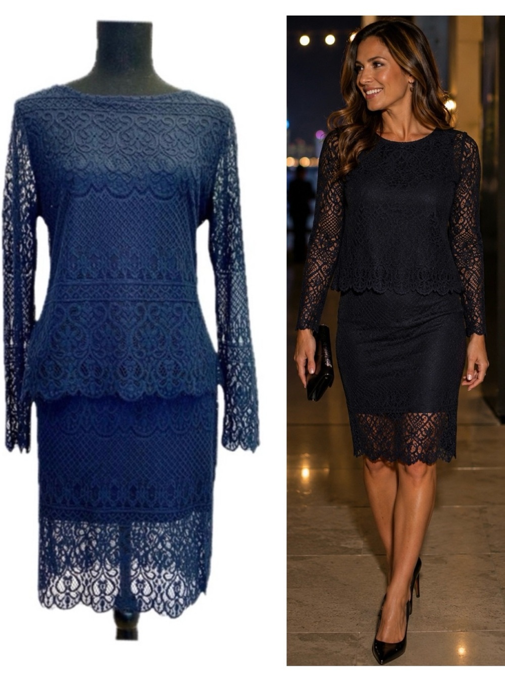 Adiva Navy blue stretchy lace overlay long sleeve skirt blouse set size medium